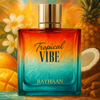 Rayhaan Tropical Vibe Eau de Parfum 100ml bottle close-up with fruit and coconut props