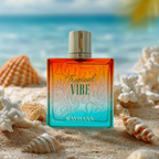 Rayhaan Tropical Vibe Eau de Parfum 100ml bottle on sand beside seashells