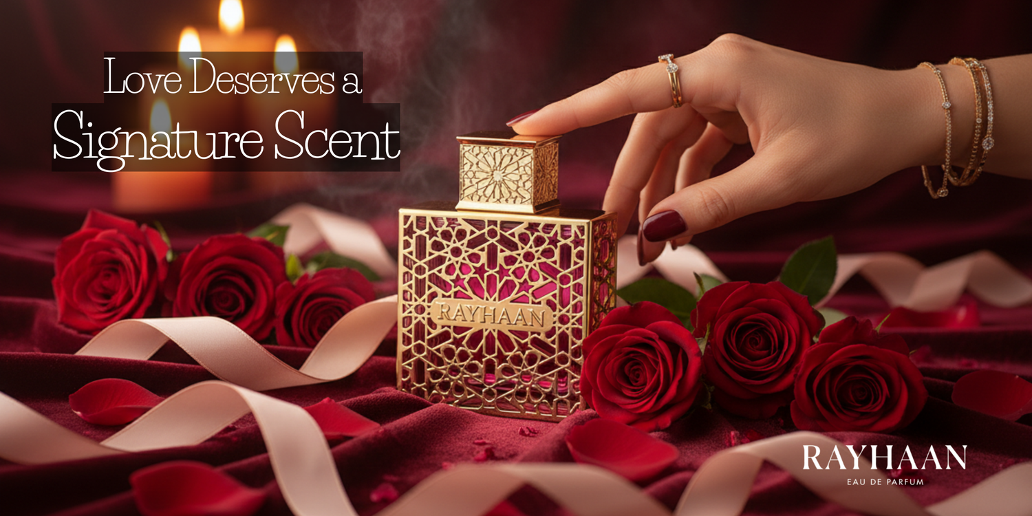 Hand holding a Rayhaan perfume bottle with red roses and candles in the background