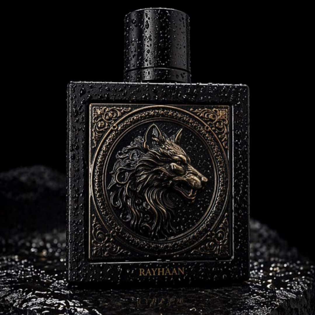 Black and gold perfume bottle with wolf design on a dark background. Rayhaan: Wolf