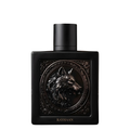 Black perfume bottle with wolf design and 'RAYHAAN' branding on a white background. Rayhaan: Wolf
