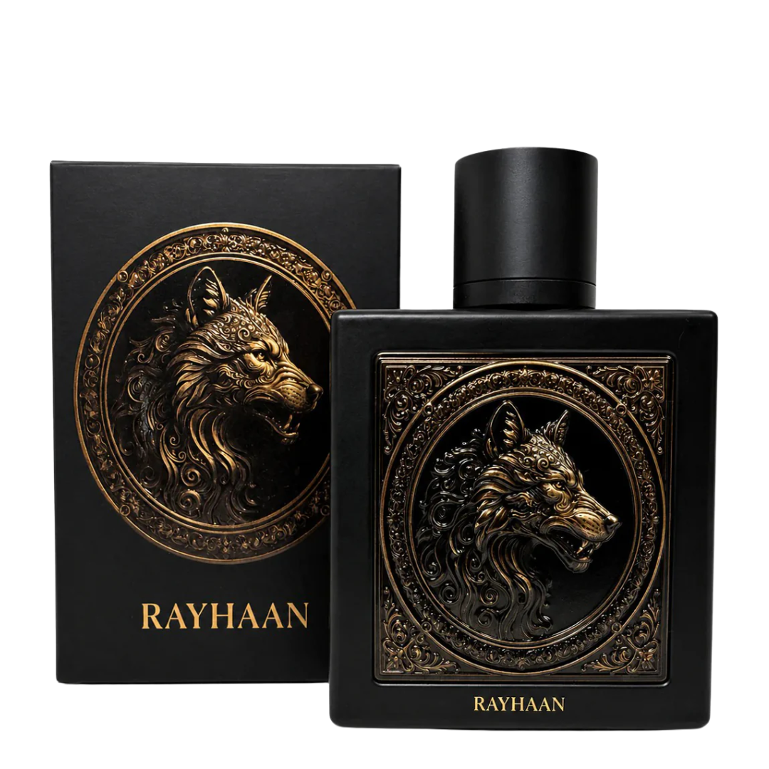 Black and gold Rayhaan Wolf perfume bottle and packaging with 'RAYHAAN' branding on a white background