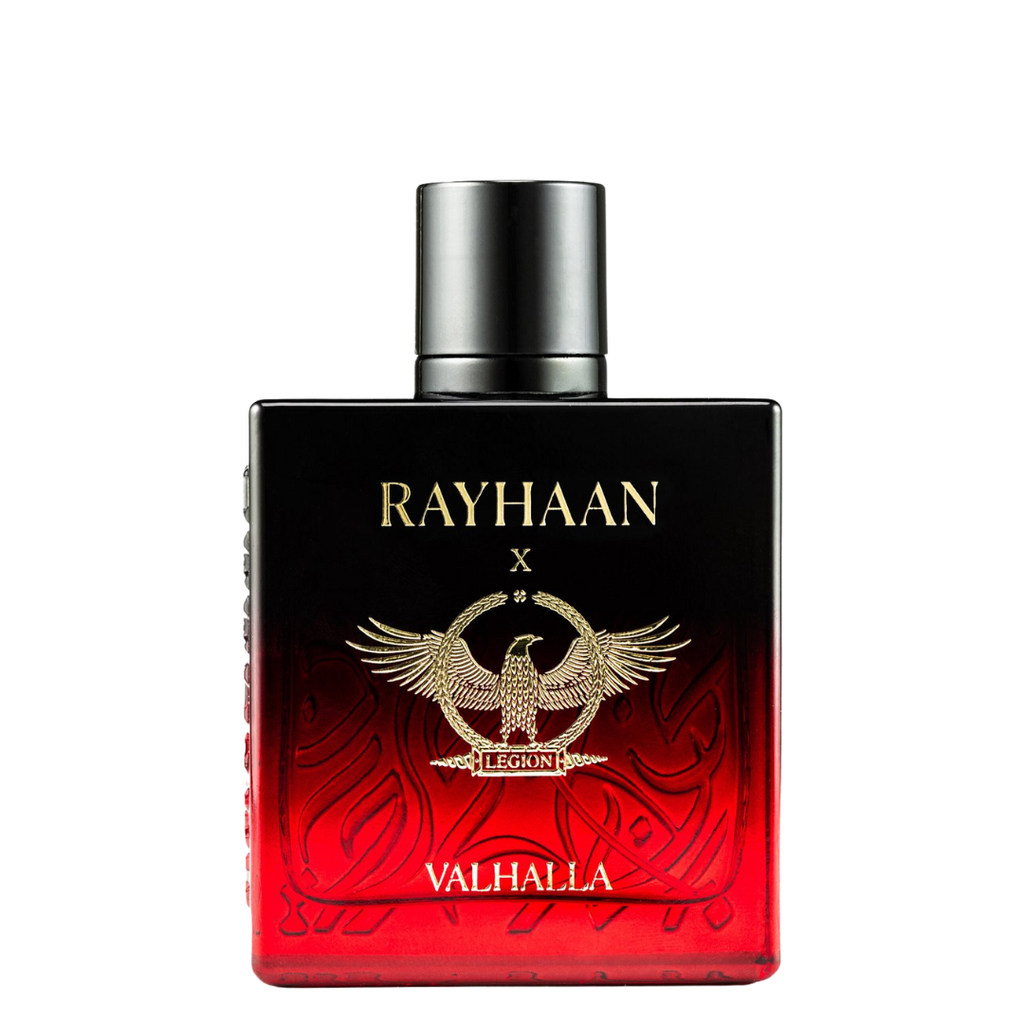 Perfume bottle with 'RAYHAAN' branding on a white background. Rayhaan X Valhalla Mens Perfume