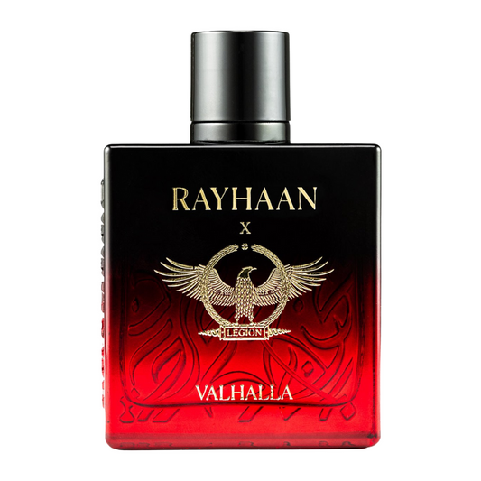 Perfume bottle with 'RAYHAAN' branding on a white background. Rayhaan X Valhalla Mens Perfume