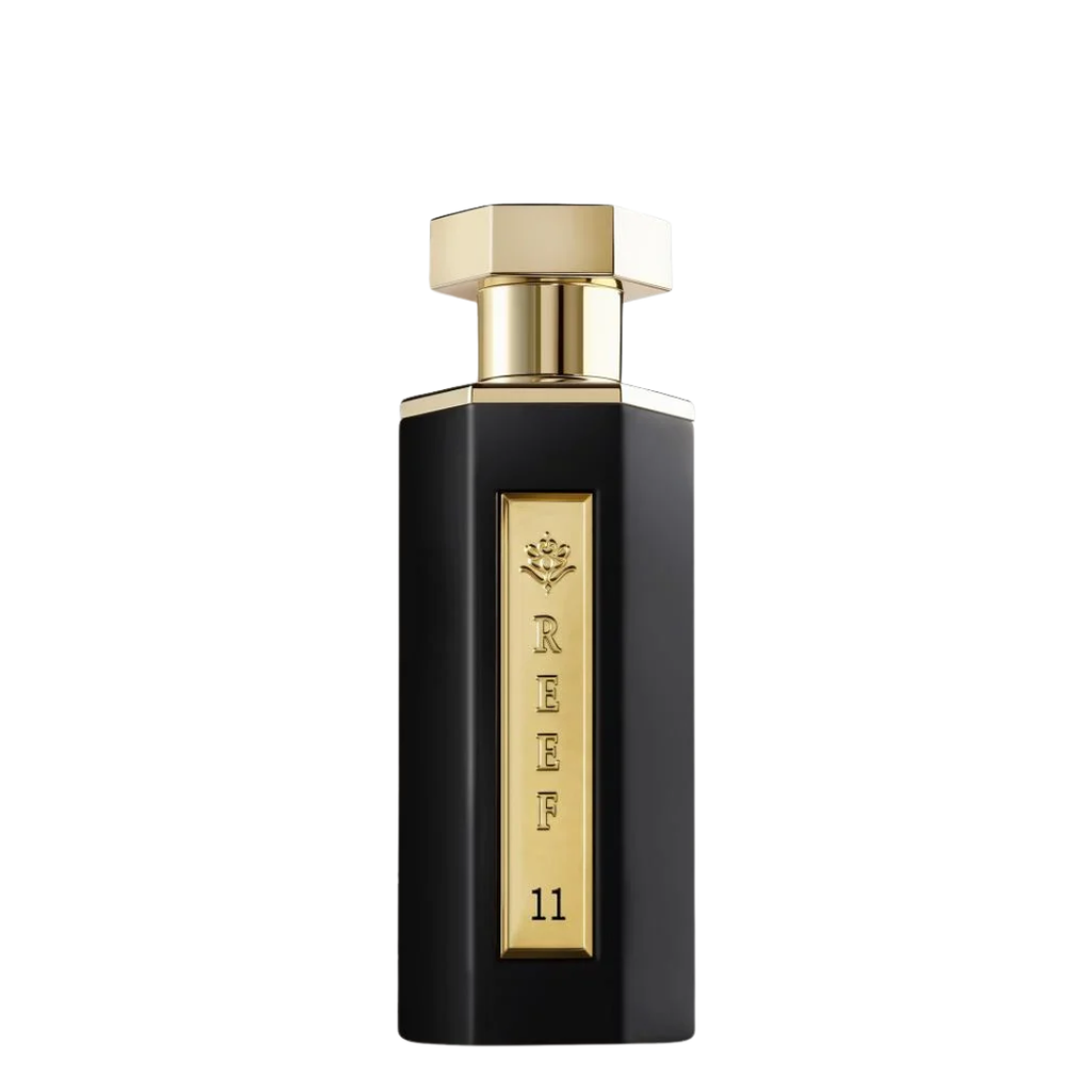 Black and gold perfume bottle labeled 'REEF 11' on a white background