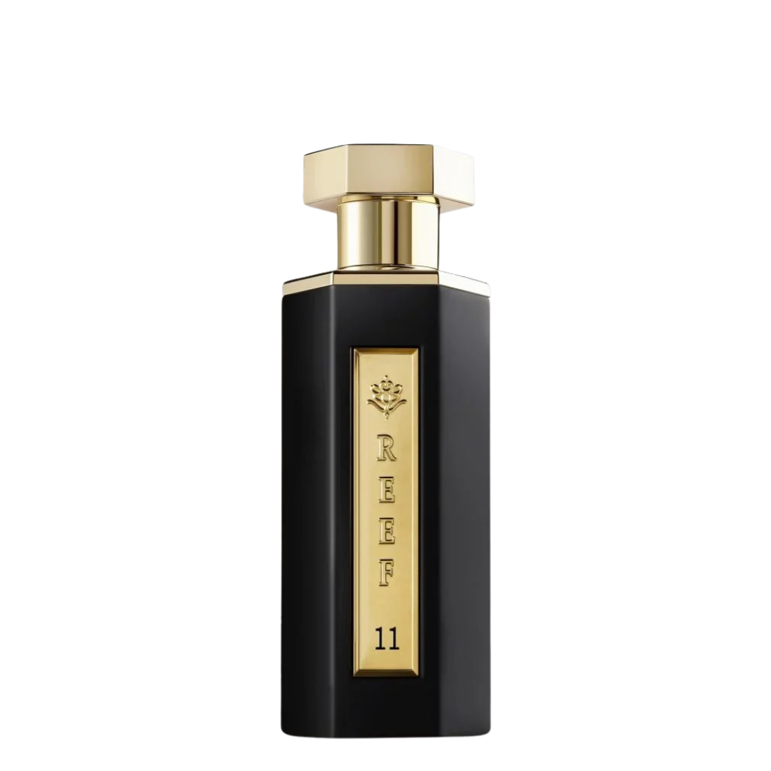 Black and gold perfume bottle labeled 'REEF 11' on a white background