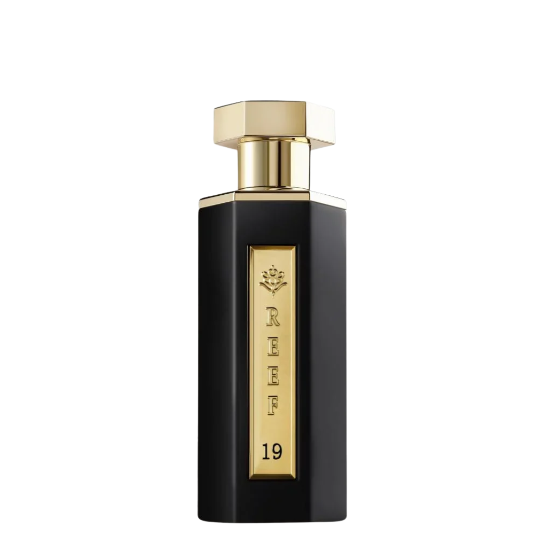 Black and gold perfume bottle with 'REEF 19' branding on a white background