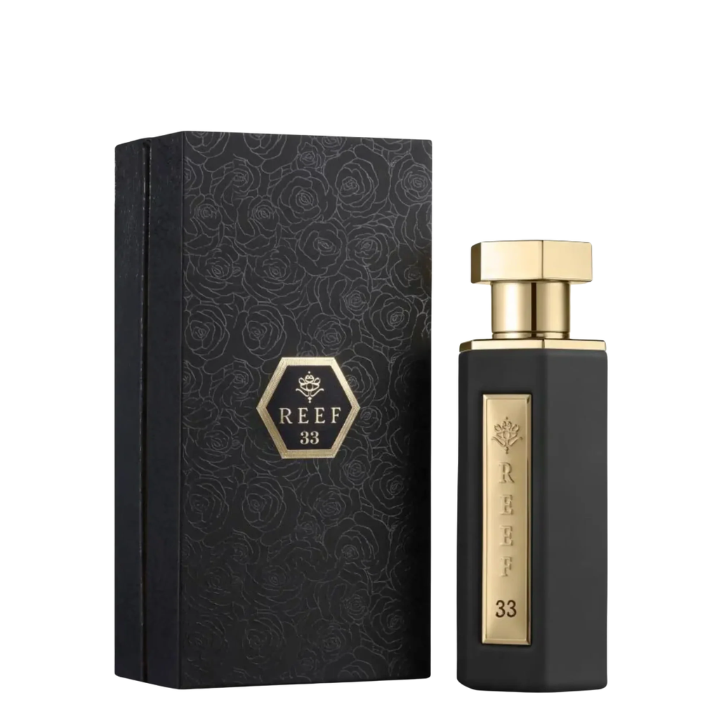 Black perfume bottle with gold accents and matching box labeled 'REEF 33' on a white background