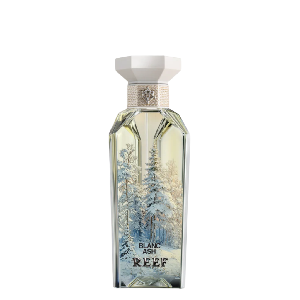Perfume bottle labeled 'Blanc Ash Reef' on a white background