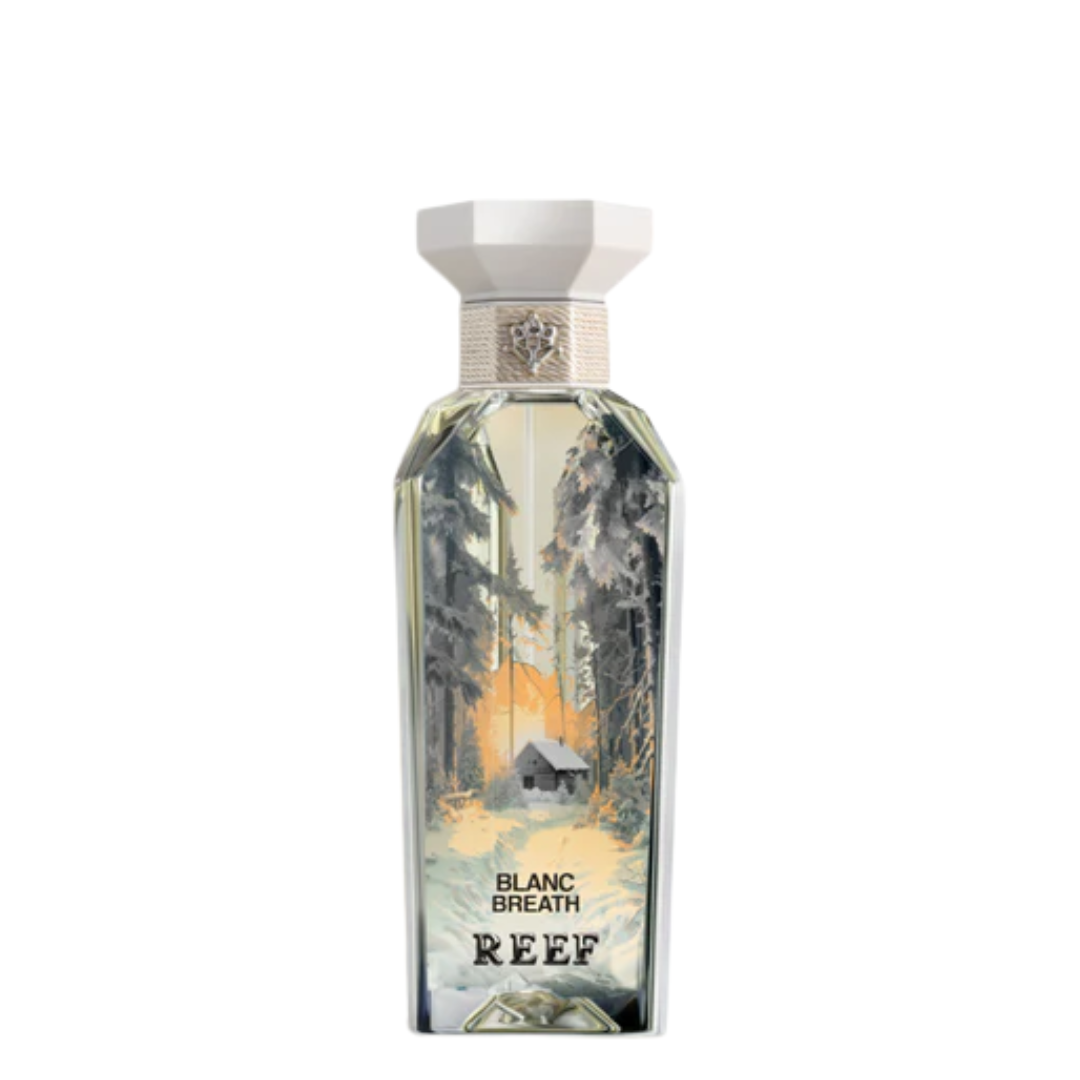 Reef Blanc Breath perfume bottle with scenic design on a white background