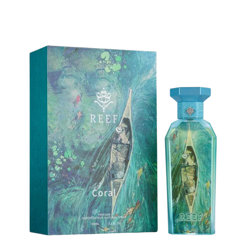 Reef Coral perfume bottle and packaging on a white background