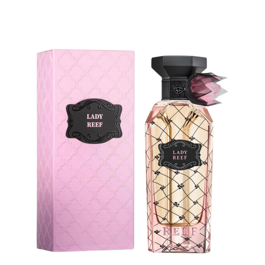 Perfume bottle and packaging with 'Lady Reef' branding on a white background