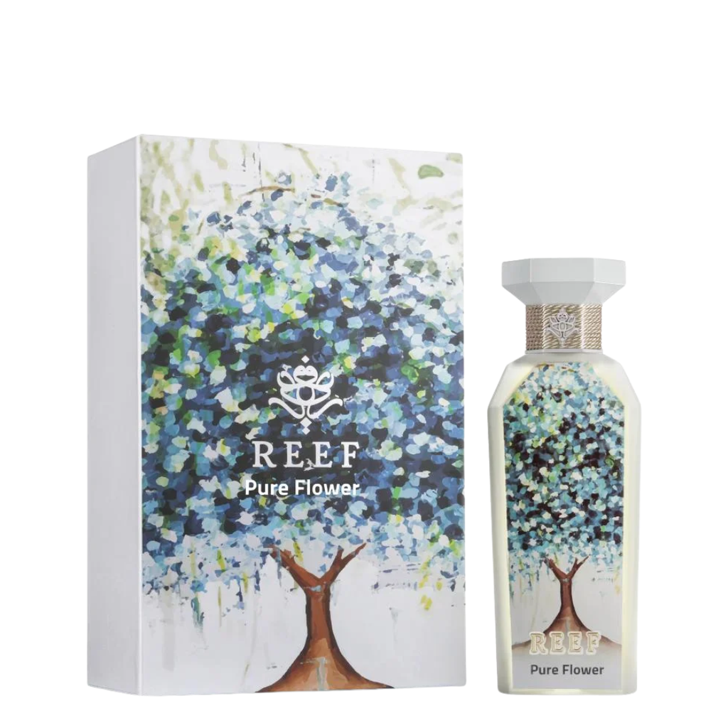 REEF Pure Flower perfume bottle and packaging with tree design on a white background