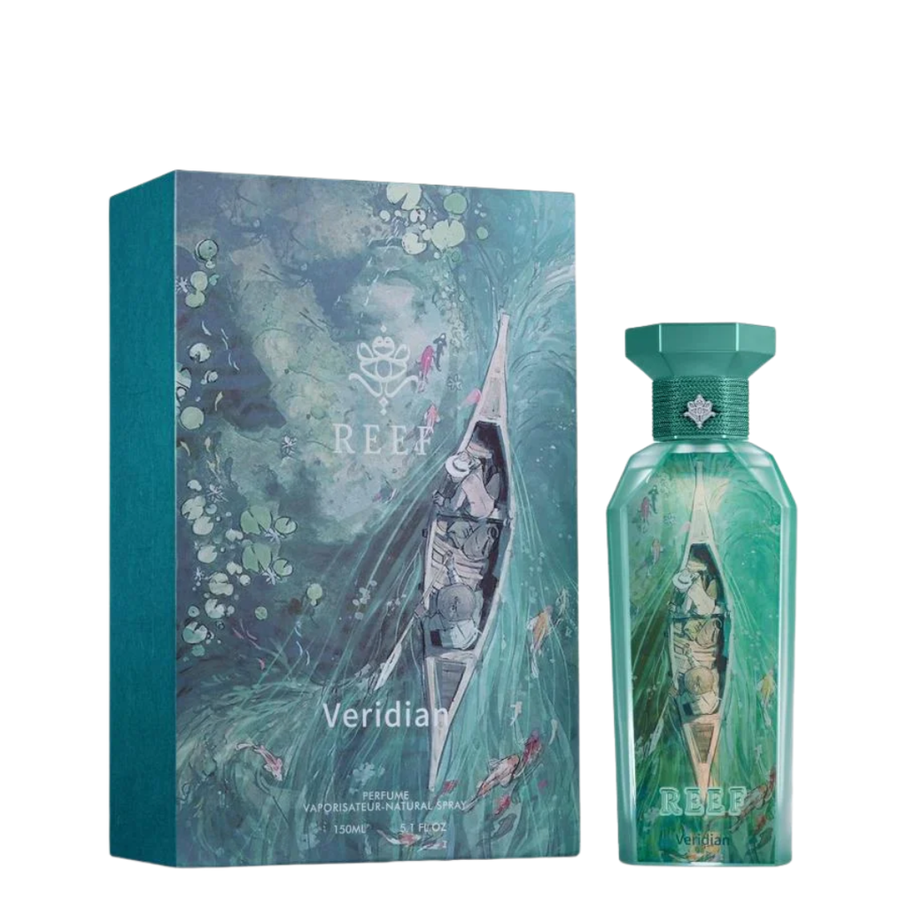 Reef Veridian perfume bottle and packaging with artistic design on a white background