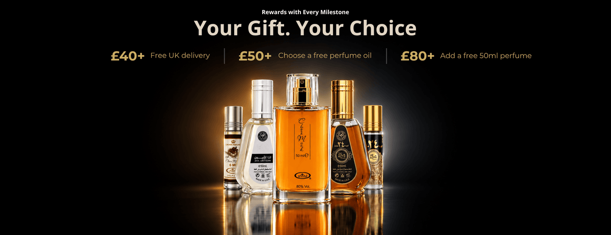 Promotional banner for a perfume gift set featuring five fragrance bottles arranged on a reflective black surface against a dark background, with text reading 'Your Gift. Your Choice' and pricing details in gold.