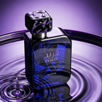 Perfume bottle with 'Fareed' branding on a purple background