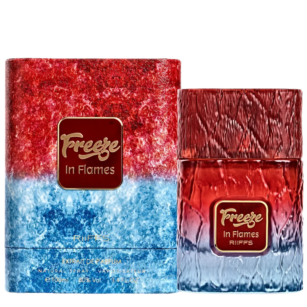 Freeze In Flames perfume bottle and its matching box, featuring a red and blue gradient design with a textured pattern and a gold logo label.