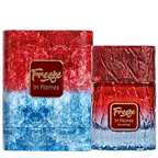 Freeze In Flames perfume bottle and its matching box, featuring a red and blue gradient design with a textured pattern and a gold logo label.