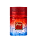 A cylindrical bottle of Freeze In Flames Riffs fragrance, featuring a textured red-to-blue gradient design with a gold label in the center.