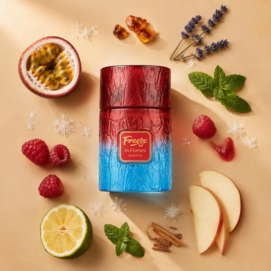 A cylindrical bottle with a red-to-blue gradient textured label sits centered on a beige background, surrounded by fruit and botanical props including a halved passion fruit, raspberries, apple slices, mint leaves, lavender sprigs, and cinnamon sticks. Riiffs: Freeze in Flames Perfume.