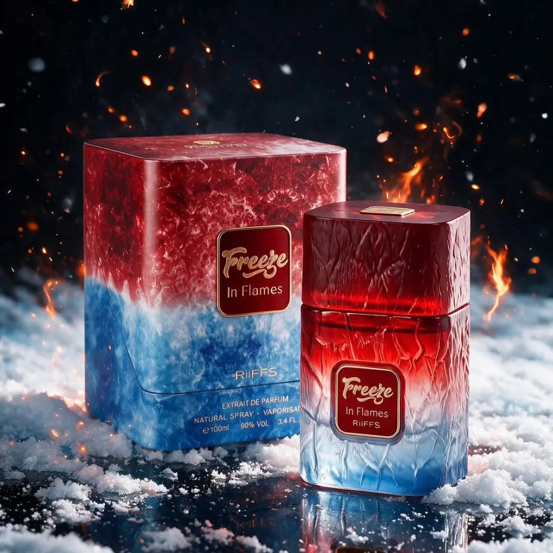 A perfume bottle and its matching box labeled 'Freeze In Flames' by RiiFFS, featuring a red-to-blue gradient design with a textured, cracked glass appearance, set against a dramatic snowy and fiery background.