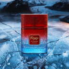 A rectangular perfume bottle labeled 'Freeze In Flames RiiFFS' with a red-to-blue gradient design, set against a dramatic icy mountain landscape.