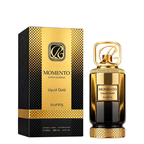 Riiffs Momento Liquid Gold extrait de parfum, showing the black and gold textured packaging box alongside the matching gold and black perfume bottle on a white background.