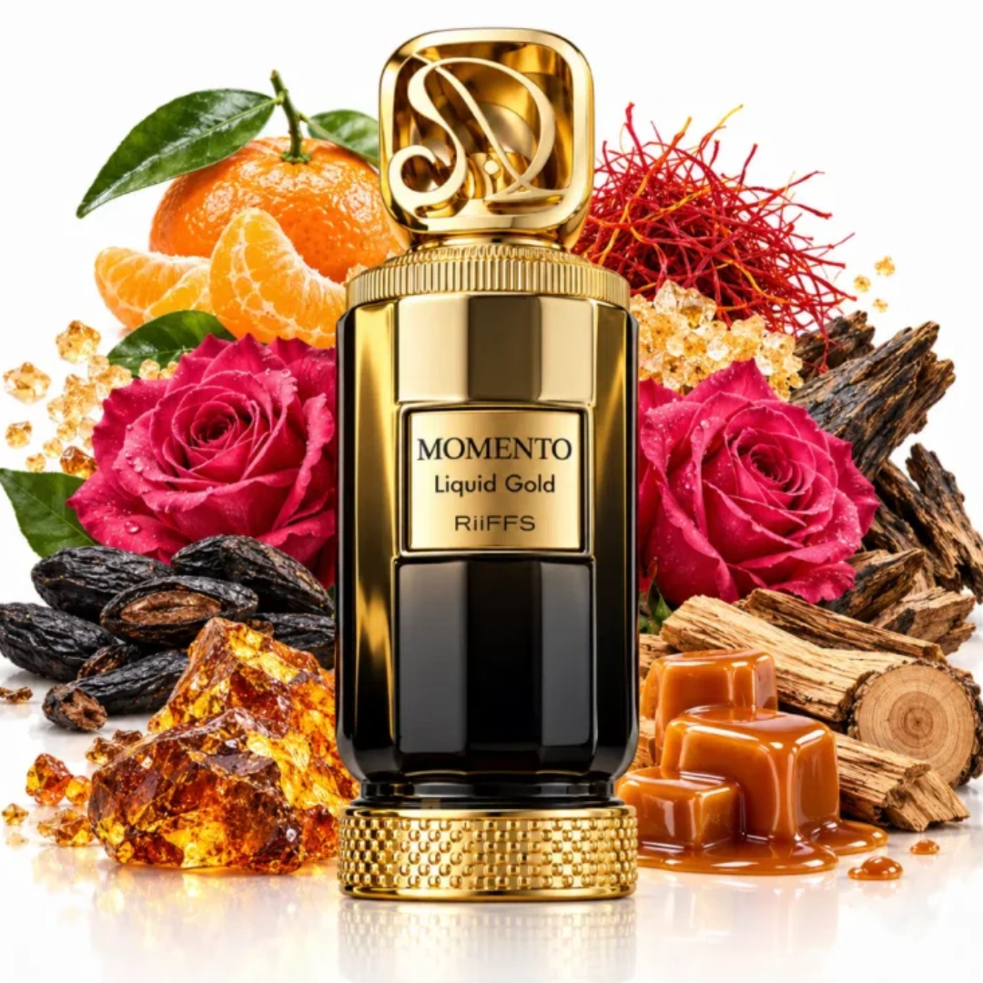 A luxury perfume bottle labeled 'MOMENTO Liquid Gold RiiFFS' in polished gold and black, surrounded by rose petals, orange slices, amber resin, caramel cubes, dried roots, and red berries on a white background.
