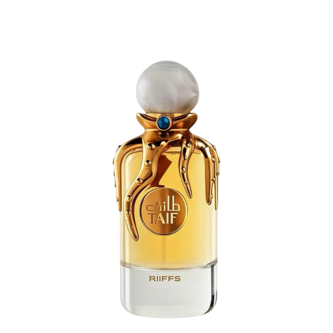 A bottle of Riiffs Taif fragrance with a gold octopus-themed cap, a white pearl-like top, and golden liquid inside a clear glass bottle, set against a plain white background.
