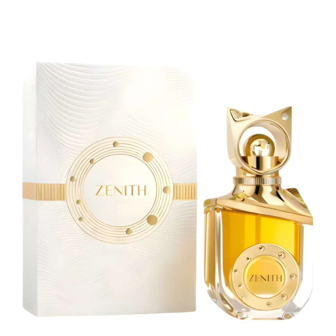 Gold perfume bottle and packaging with 'Zenith' branding on a white background. Riiffs: Zenith