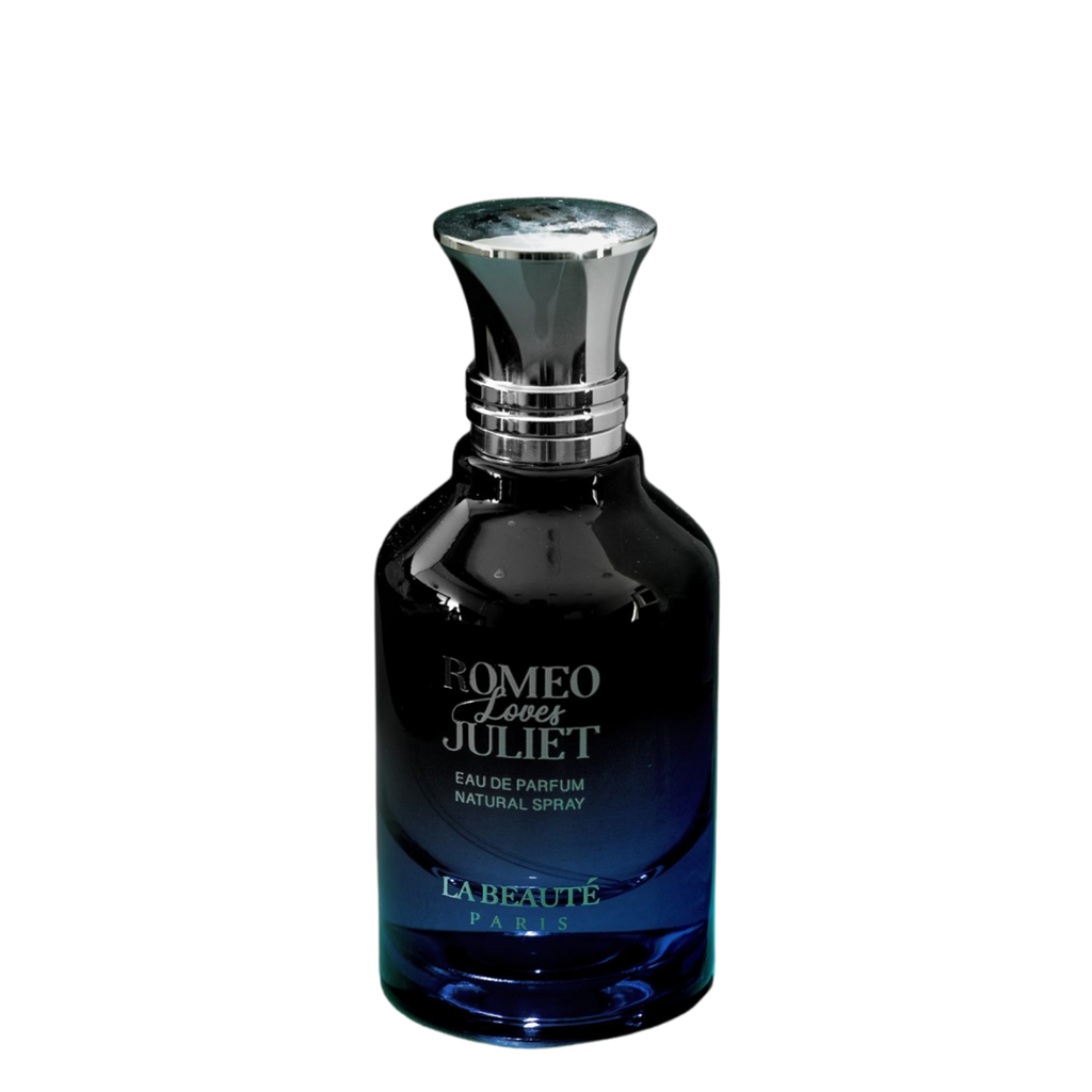 Blue perfume bottle labeled 'Romeo Loves Juliet' by La Beauté on a white background