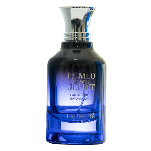 Blue perfume bottle labeled 'Romeo Loves Juliet' by La Beauté on a white background
