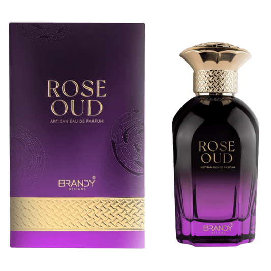 Rose Oud perfume bottle and packaging with gold accents on a white background. Rose Oud by Brandy Designs Unisex Perfume