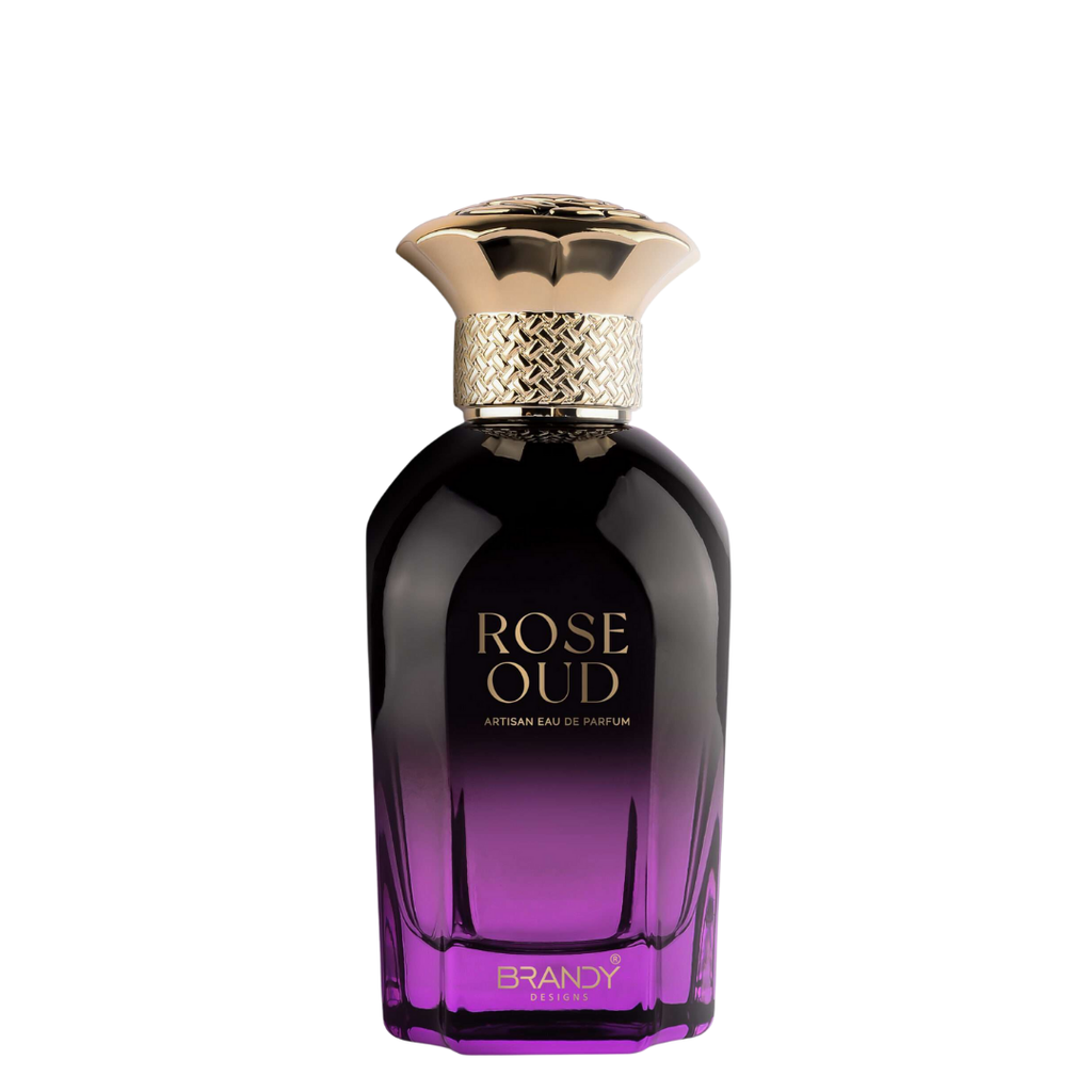 Perfume bottle labeled 'Rose Oud' with a gold cap on a white background. Rose Oud by Brandy Designs Unisex Perfume