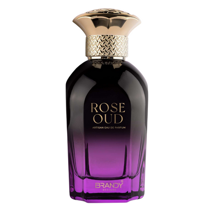 Perfume bottle labeled 'Rose Oud' with a gold cap on a white background. Rose Oud by Brandy Designs Unisex Perfume