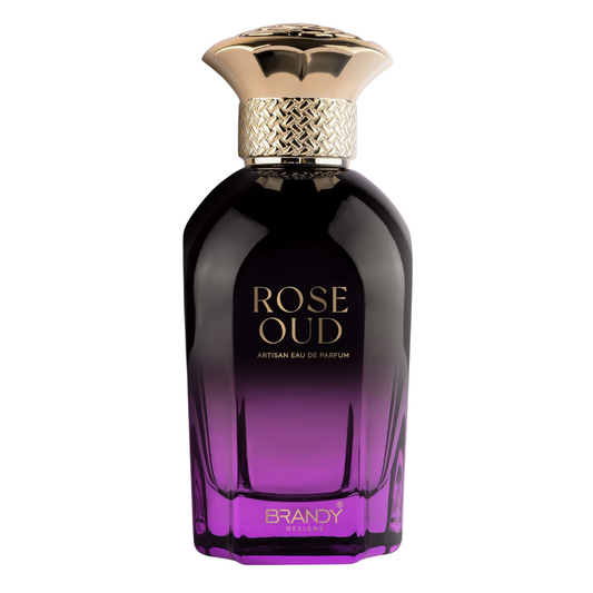 Perfume bottle labeled 'Rose Oud' with a gold cap on a white background. Rose Oud by Brandy Designs Unisex Perfume