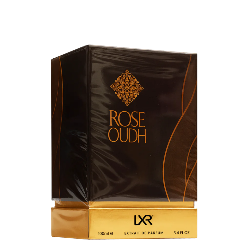 Rose Oudh perfume packaging with LXR branding on a white background
