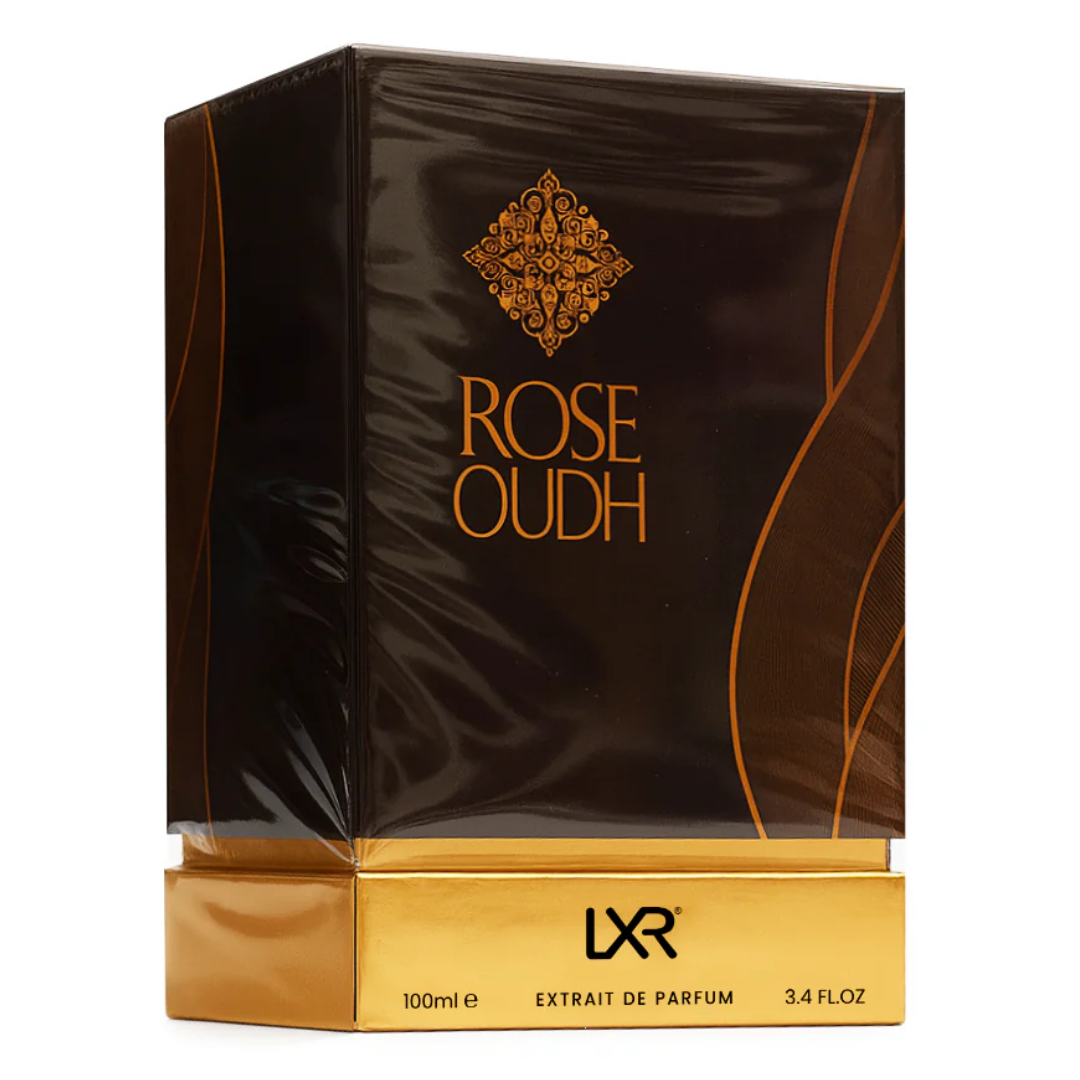 Rose Oudh perfume packaging with LXR branding on a white background