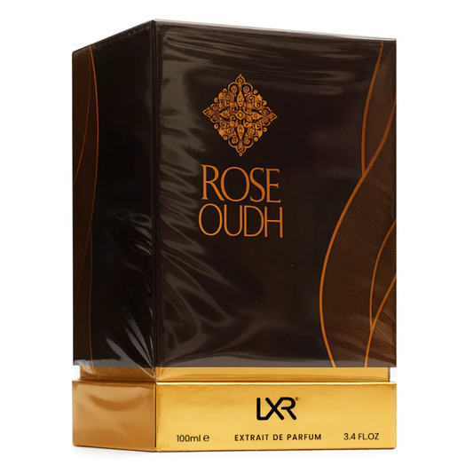 Rose Oudh perfume packaging with LXR branding on a white background