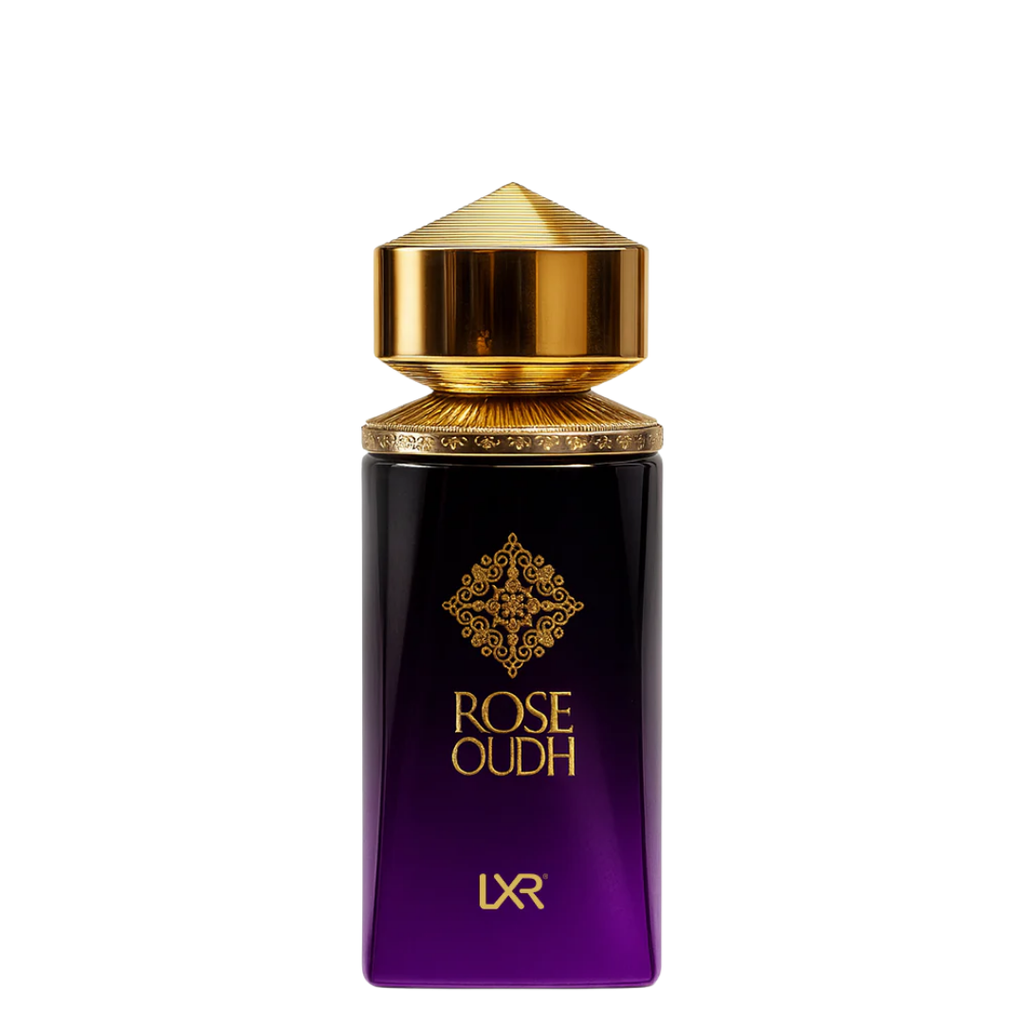 Purple perfume bottle with gold cap and 'LXR' branding on a white background. Rose Oudh by LXR Unisex Perfume.