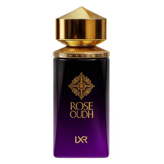 Purple perfume bottle with gold cap and 'LXR' branding on a white background. Rose Oudh by LXR Unisex Perfume.