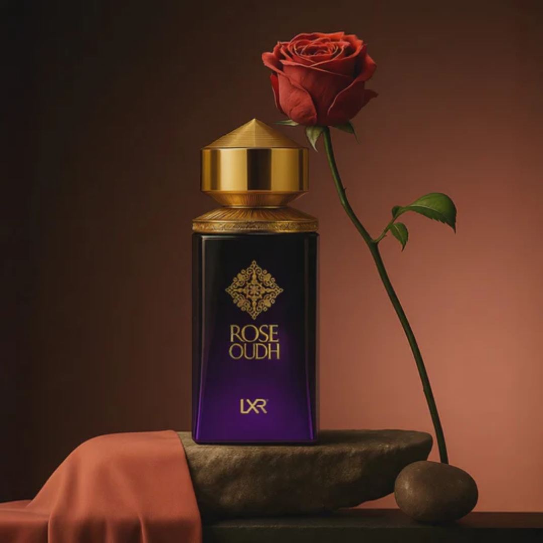 Perfume bottle labeled 'Rose Oudh' with a red rose on a dark background. Rose Oudh by LXR Unisex Perfume