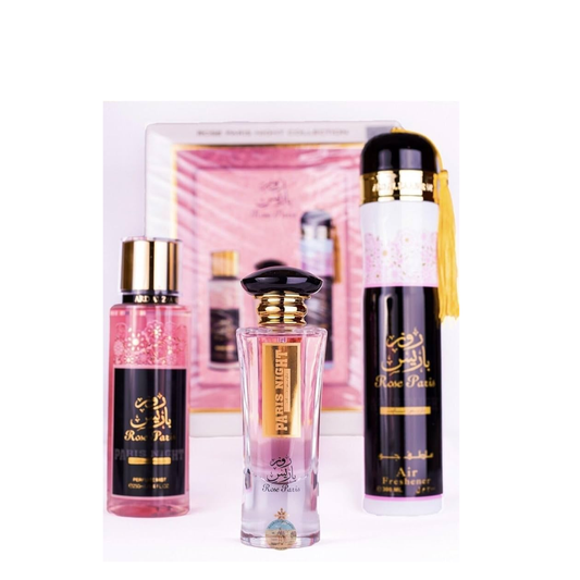 Set of perfume bottles with gold caps and black labels on a white background. Rose Paris Giftset by Ard Al Zaafaran Womens Perfume