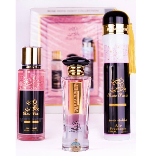 Set of perfume bottles with gold caps and black labels on a white background. Rose Paris Giftset by Ard Al Zaafaran Womens Perfume