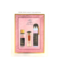A 3-piece Rose Paris perfume gift set by Ard Al Zaafaran, including a bottle of perfume, a spray bottle, packaged in a pink box with floral designs.