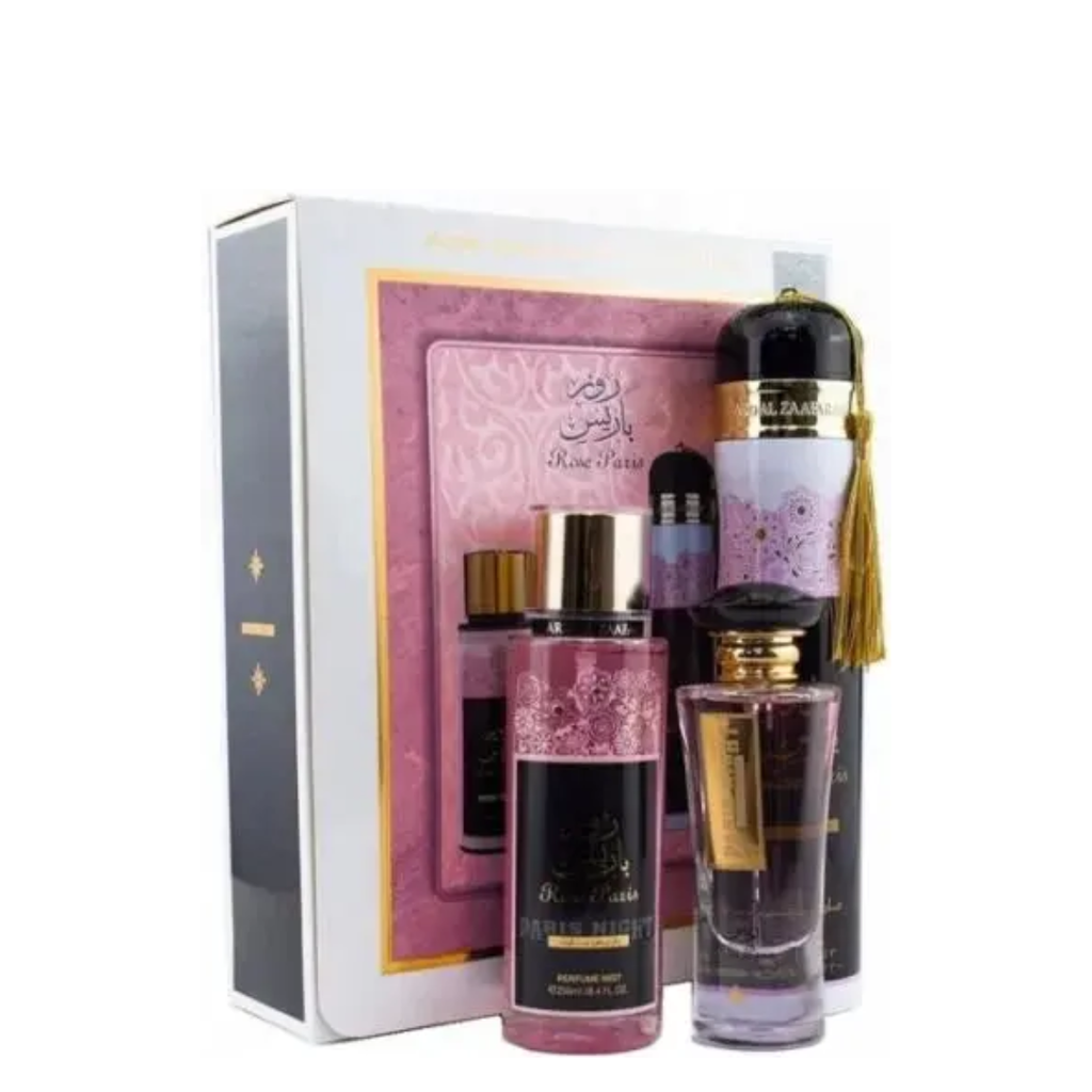 Perfume set with bottles and packaging on a white background. Rose Paris Giftset by Ard Al Zaafaran Womens Perfume
