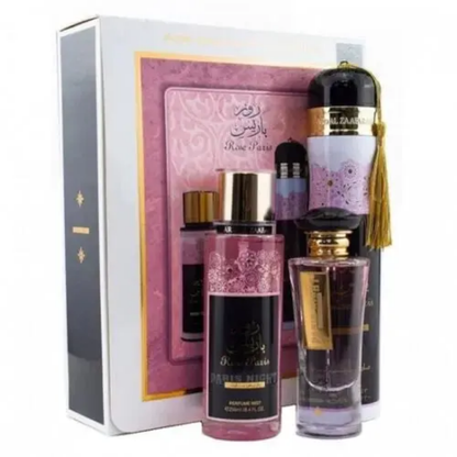 Perfume set with bottles and packaging on a white background. Rose Paris Giftset by Ard Al Zaafaran Womens Perfume