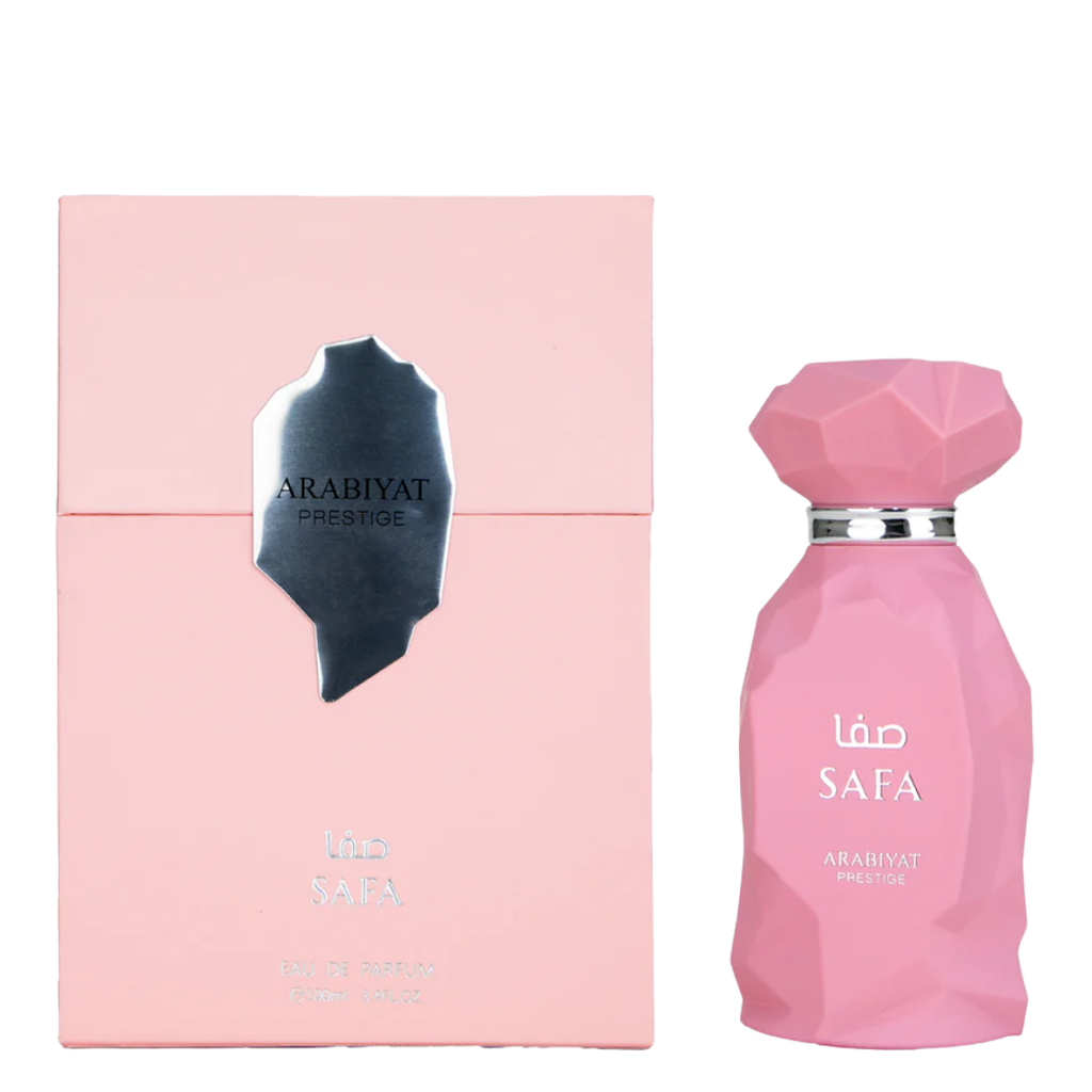 Pink perfume bottle and packaging on a white background. Safa by Arabiyat Prestige Womens Perfume