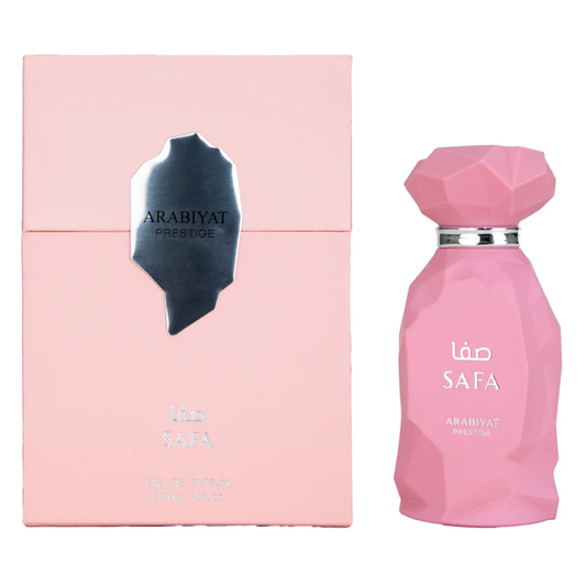 Pink perfume bottle and packaging on a white background. Safa by Arabiyat Prestige Womens Perfume