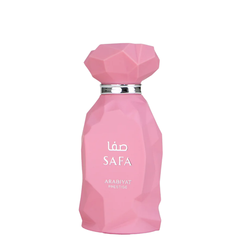 A pink, faceted bottle of Safa Perfume by Arabiyat Prestige with a silver cap.